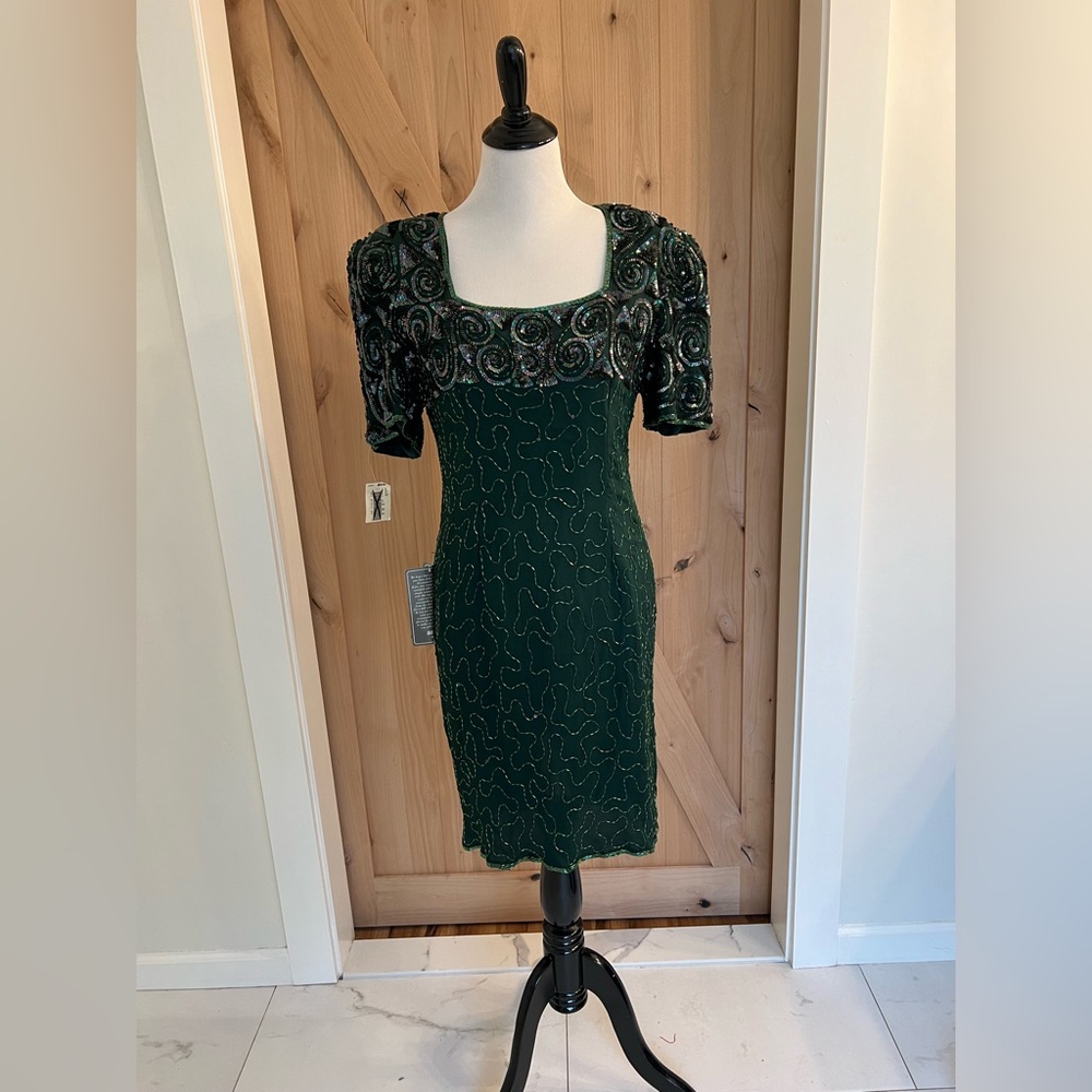 NWT Vintage Deadstock Ever Allure Emerald Green Beaded Formal Dress Size Large